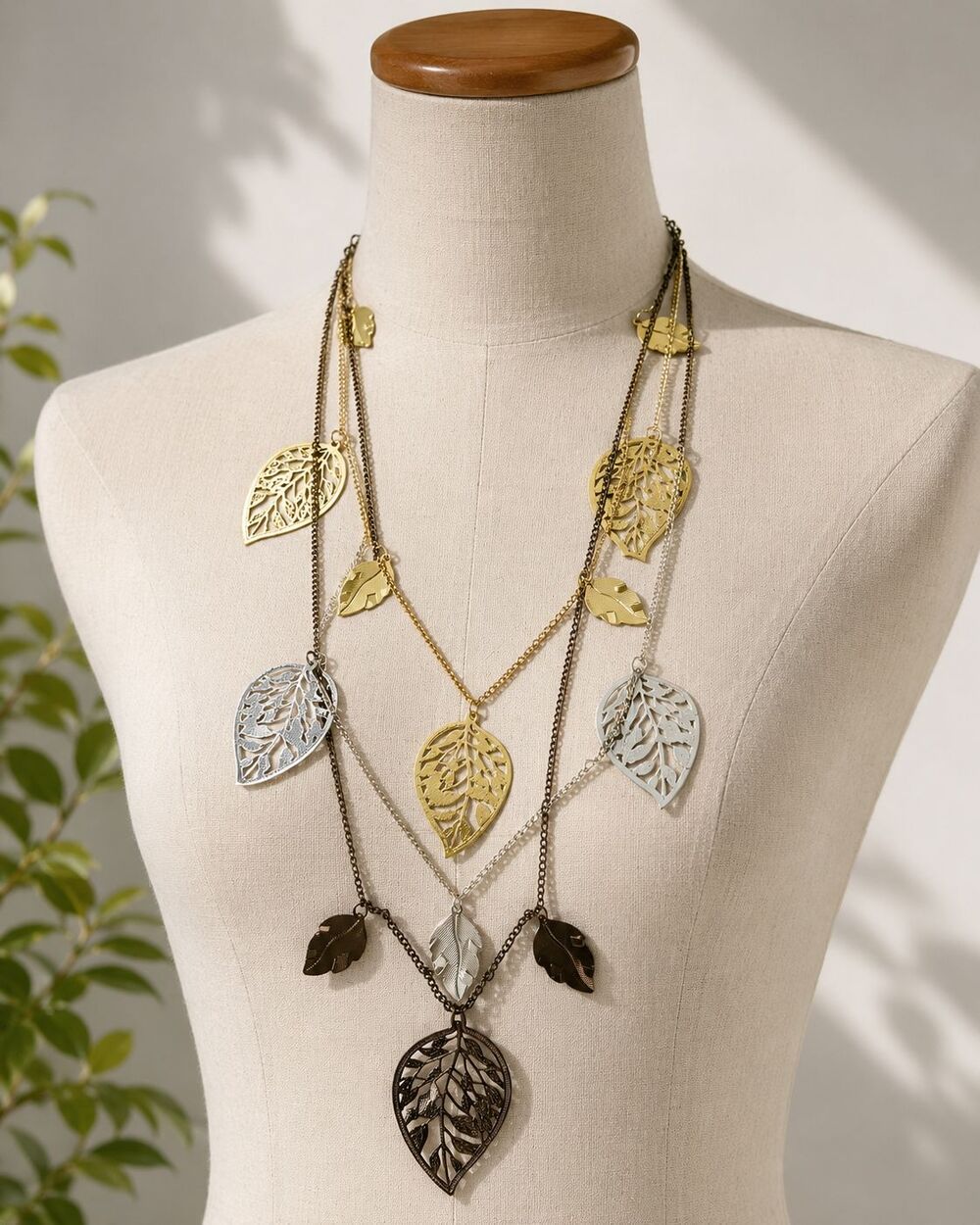Catherines NWT Mixed Metal Multi Strand Layered Filigree Leaf Statement Necklace